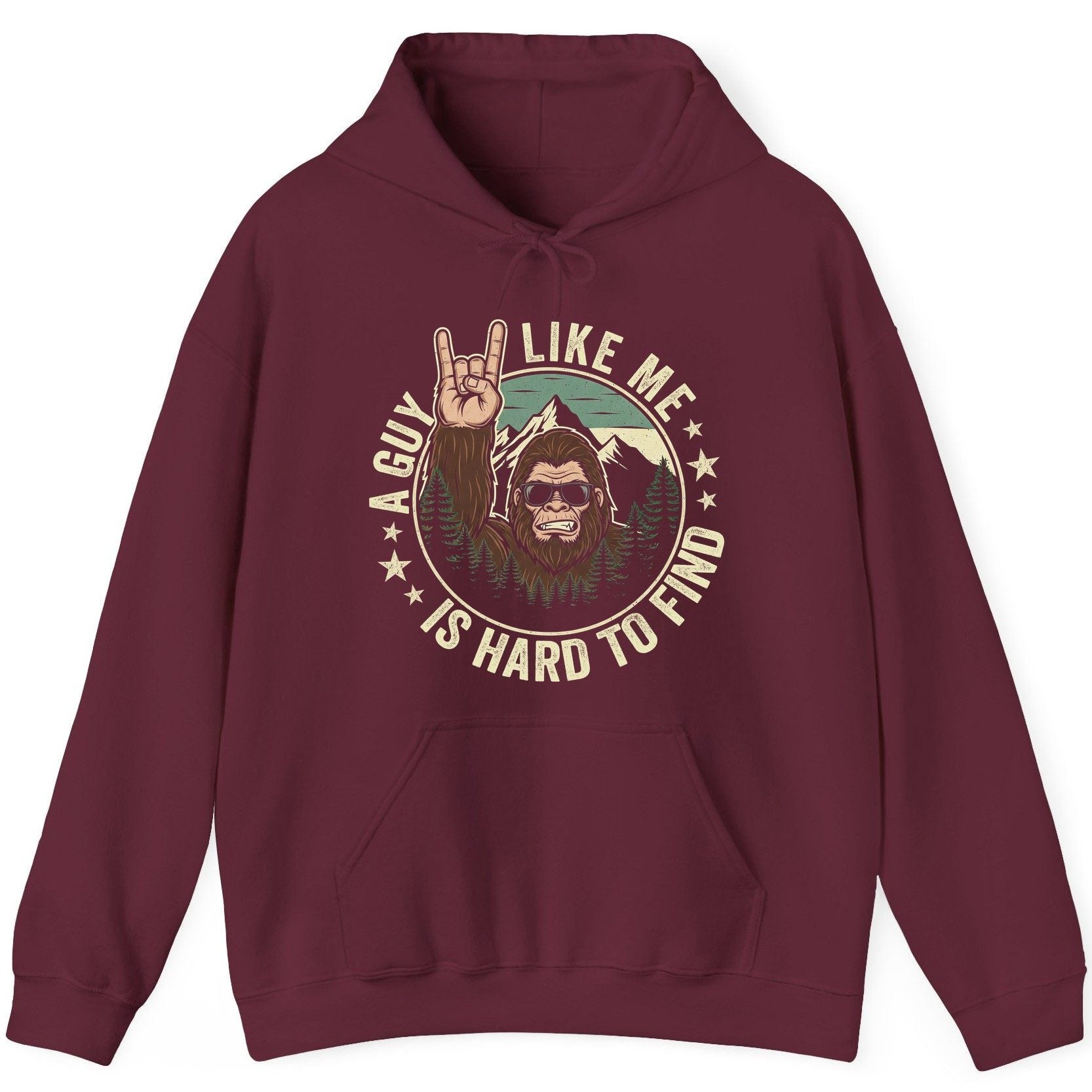 A Guy Like Me Is Hard to Find bigfoot Hoodie Maroon product mockup