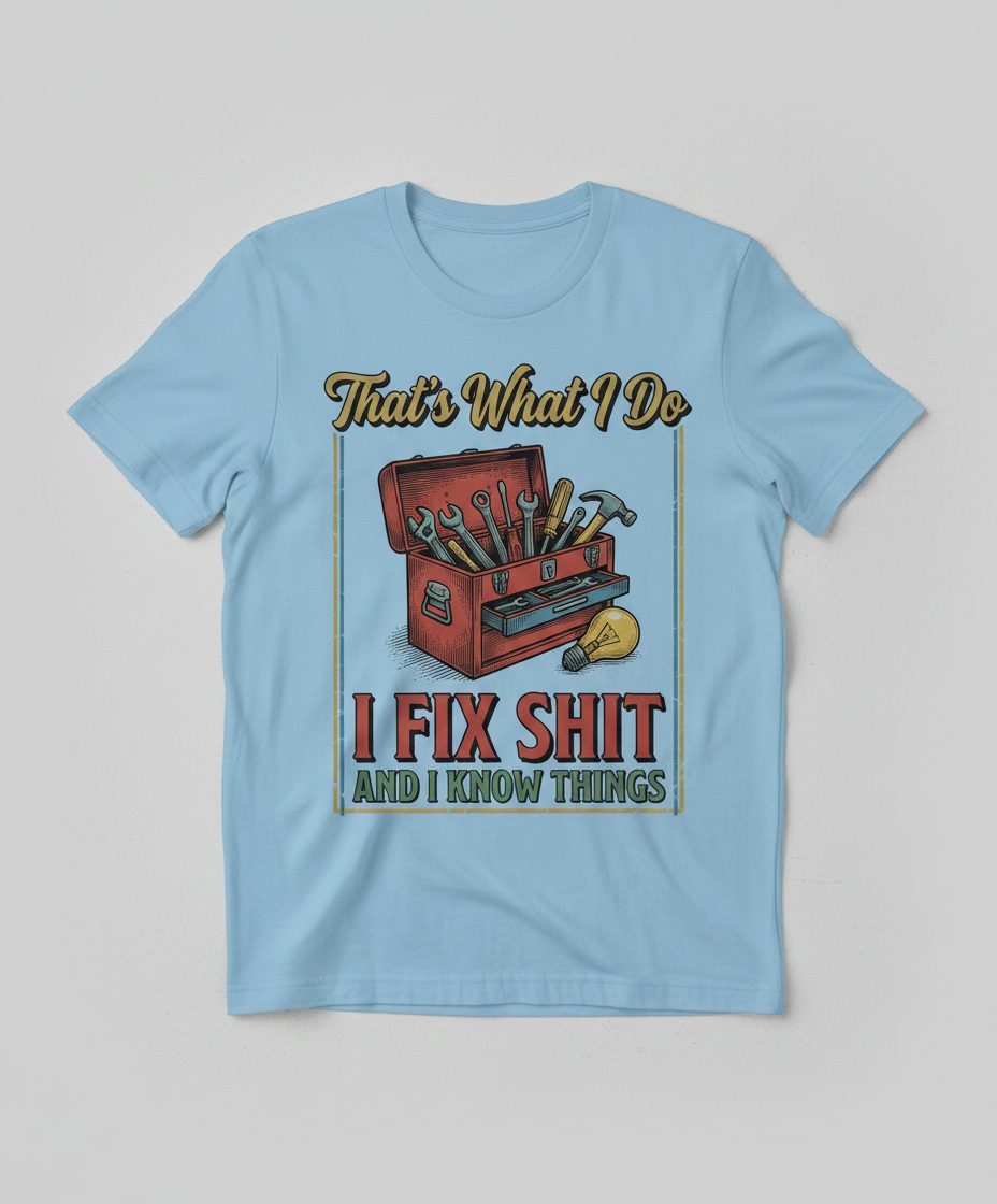 That's What I Do I Fix Shit and I Know Things Funny Handyman T-Shirt - product mockup - Light Blue