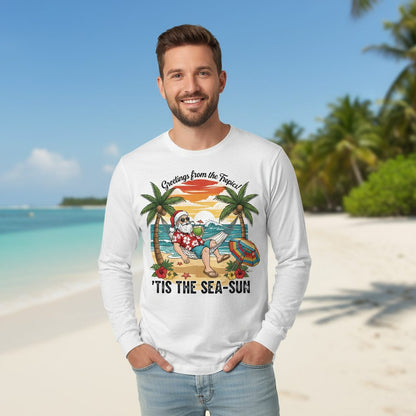 Greetings from the Tropics 'Tis the Sea-Sun santa claus on a tropical vacation Long Sleeve Tee White lifestyle mockup