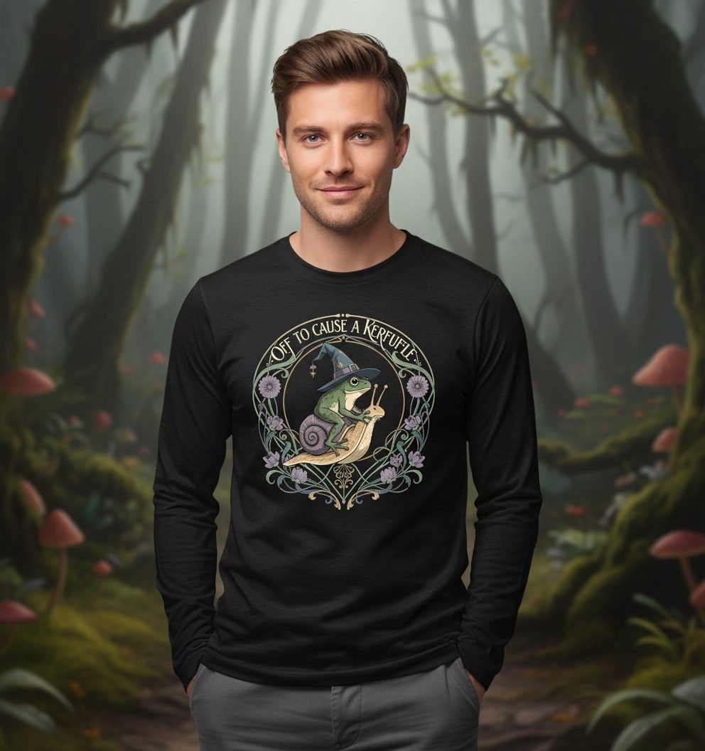 Off to Cause a Kerfuffle frog riding a snail Long Sleeve Tee Black lifestyle mockup