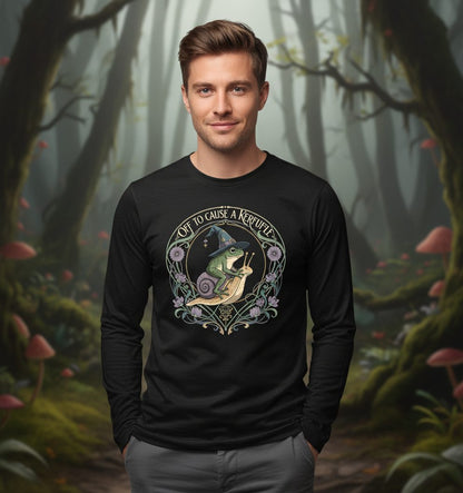 Off to Cause a Kerfuffle frog riding a snail Long Sleeve Tee Black lifestyle mockup
