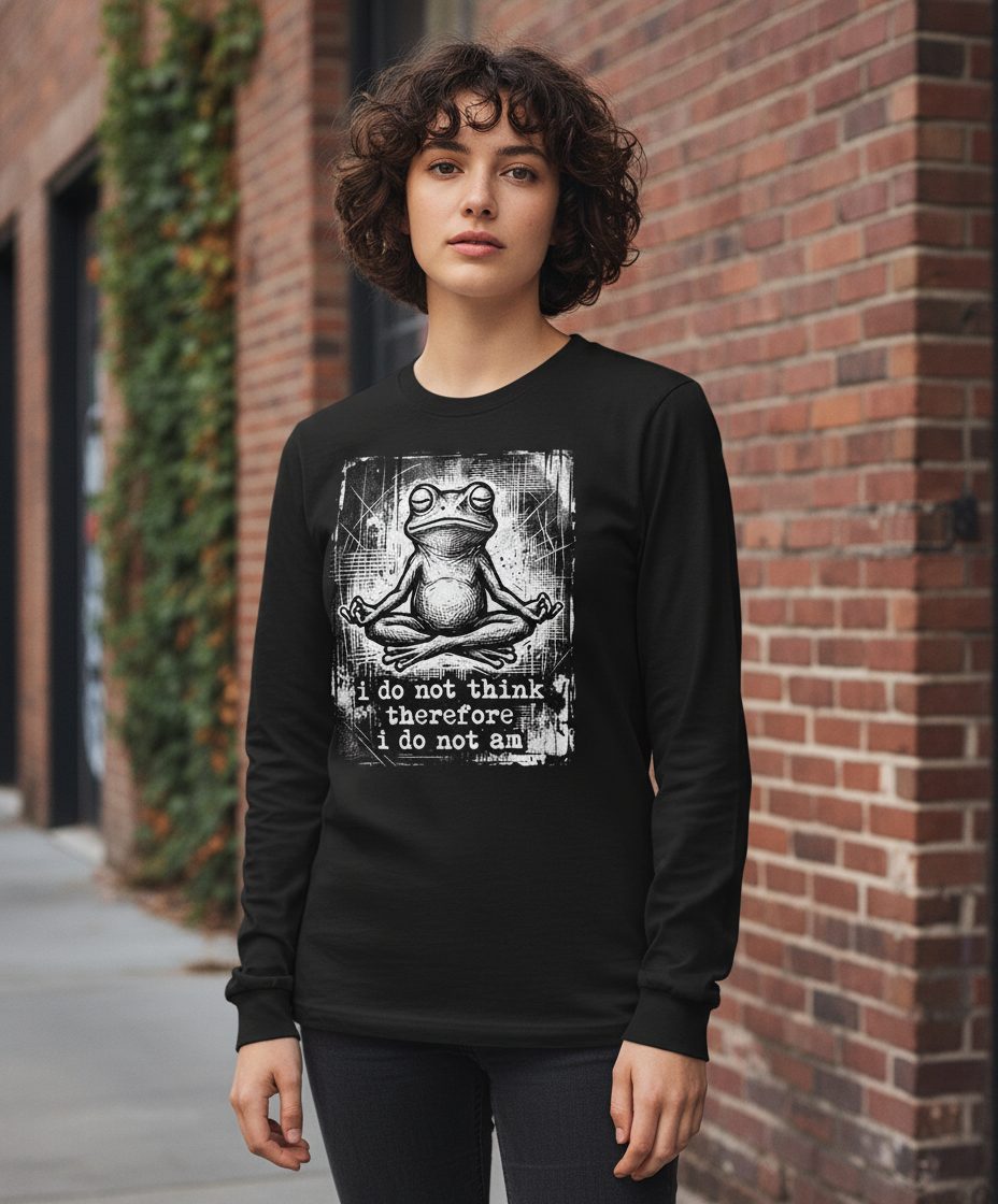 I Do Not Think Therefore I Do Not Am meditating frog Long Sleeve Tee Black lifestyle mockup