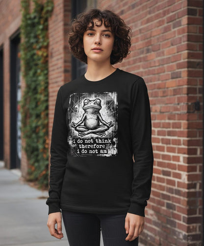 I Do Not Think Therefore I Do Not Am meditating frog Long Sleeve Tee Black lifestyle mockup