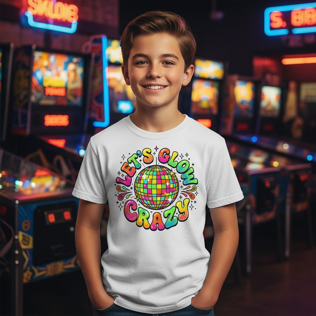 Let's Glow Crazy Retro Party Youth T-Shirt - lifestyle model mockup - White