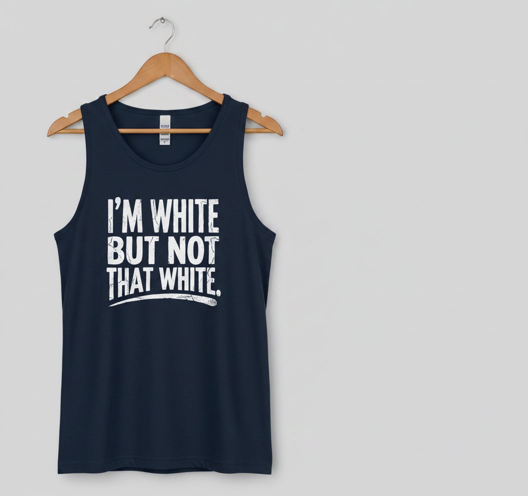 I'M WHITE BUT NOT THAT WHITE Funny Sarcastic Humor Tank Top - product mockup - Navy