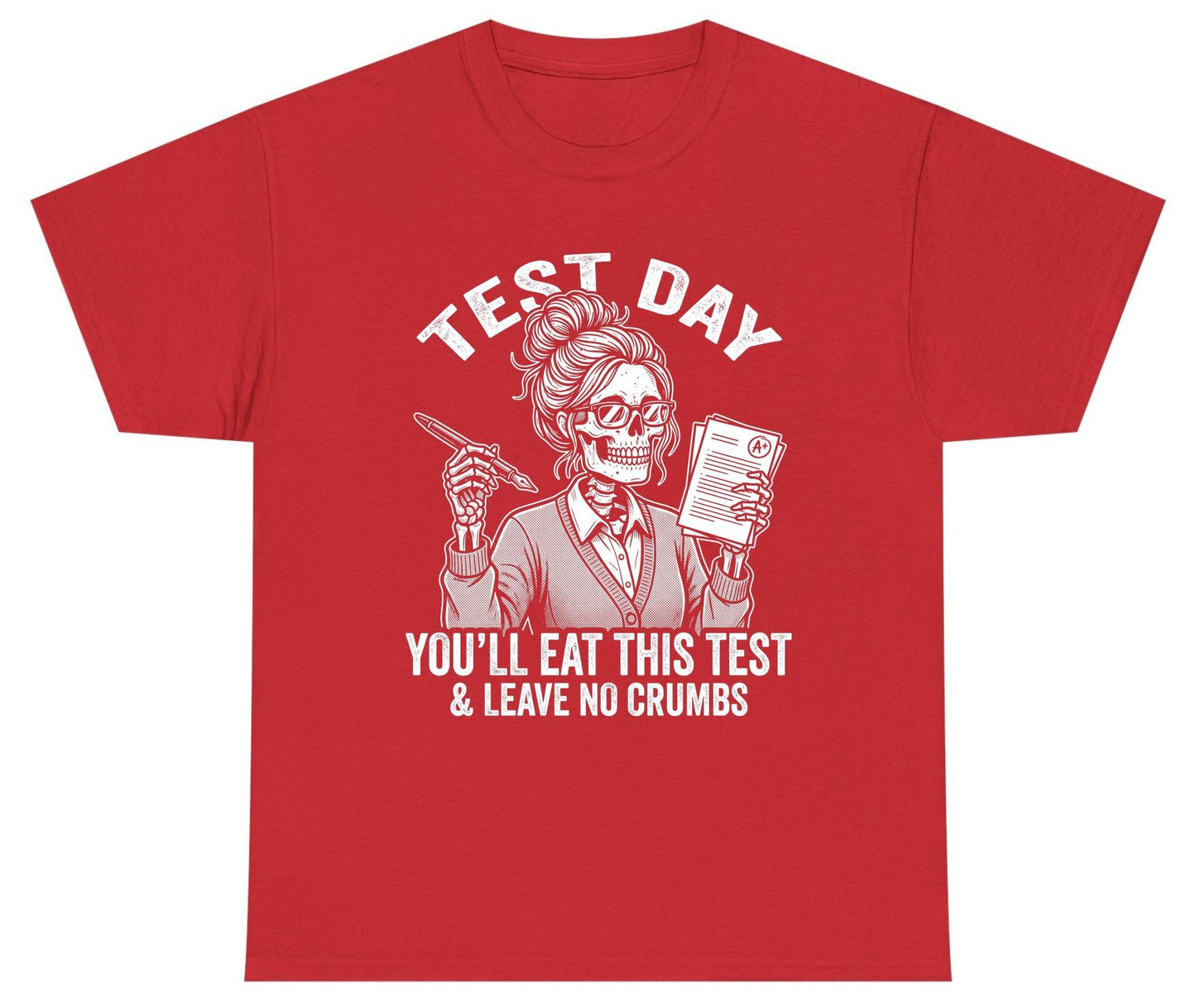 You'll Eat This Test & Leave No Crumbs Funny Day Youth T-Shirt - product mockup - Red