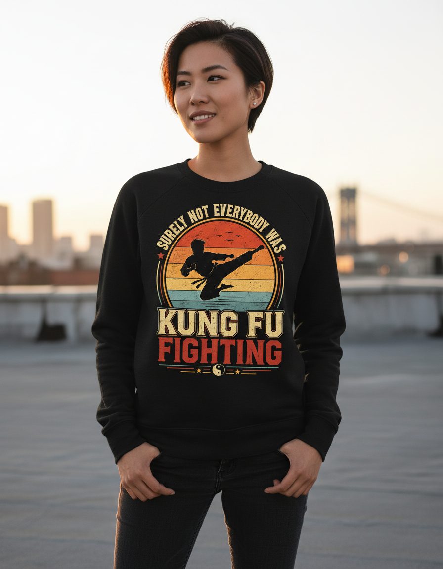 Surely Not Everybody Was Kung Fu Fighting Funny Martial Artists Sweatshirt - lifestyle model mockup - Black