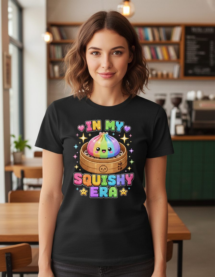 In My Squishy Era Retro Kawaii Dumpling T-Shirt - lifestyle model mockup - Black