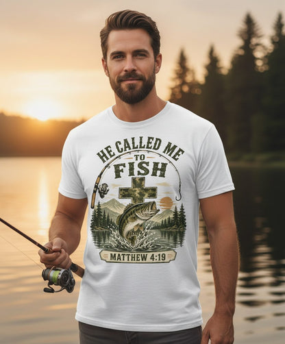 HE CALLED ME TO FISH Matthew 4 19 Christian Fishing T-Shirt - lifestyle model mockup - White