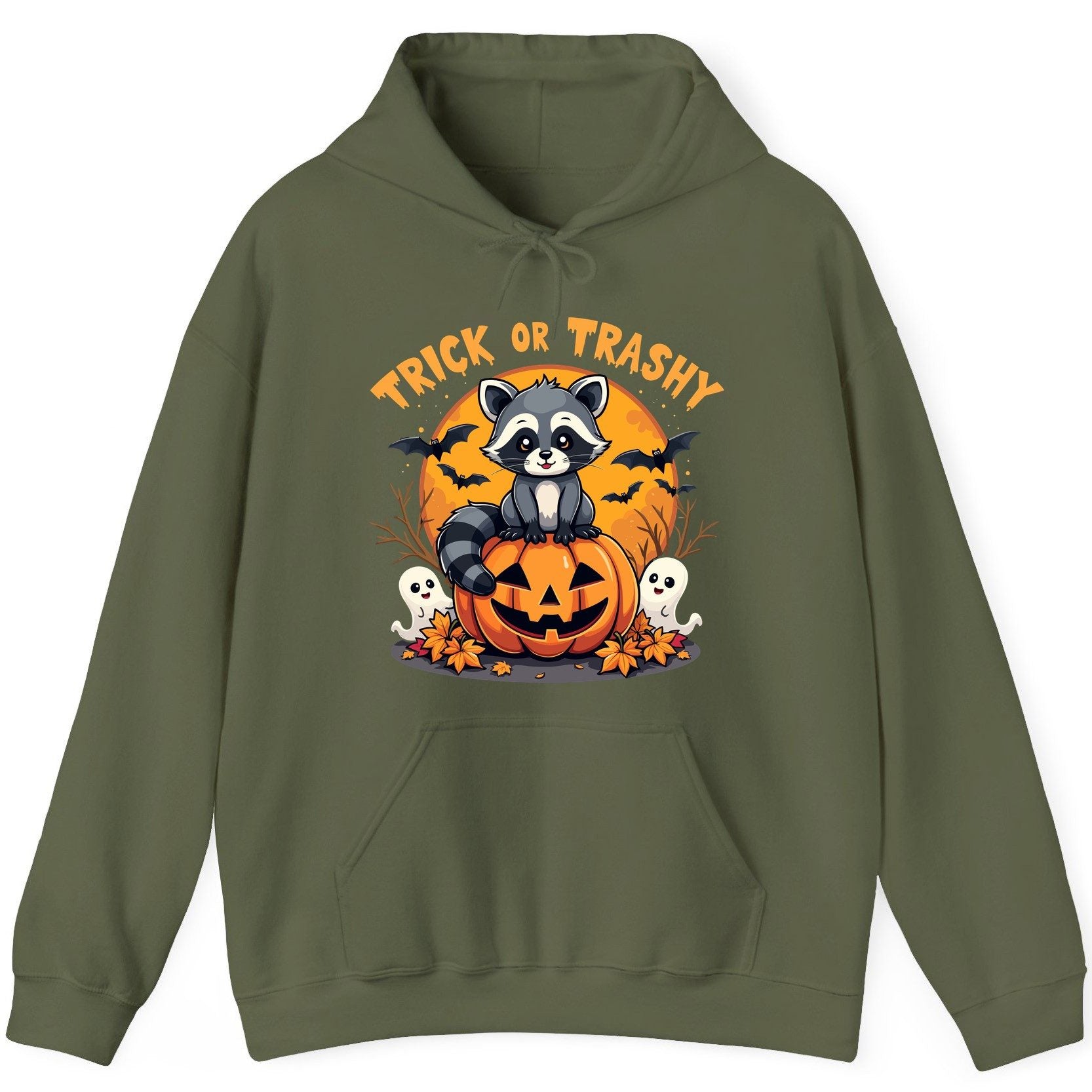 Trick or Trashy raccoon Hoodie Military Green product mockup