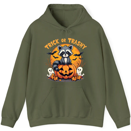 Trick or Trashy raccoon Hoodie Military Green product mockup