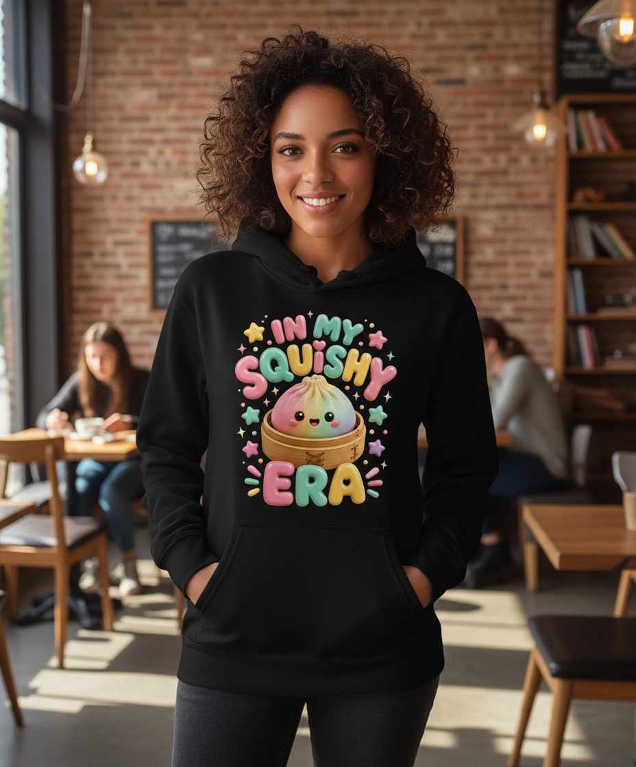 In My Squishy Era Cute Dumpling Hoodie - lifestyle model mockup - Black