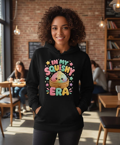 In My Squishy Era Cute Dumpling Hoodie - lifestyle model mockup - Black