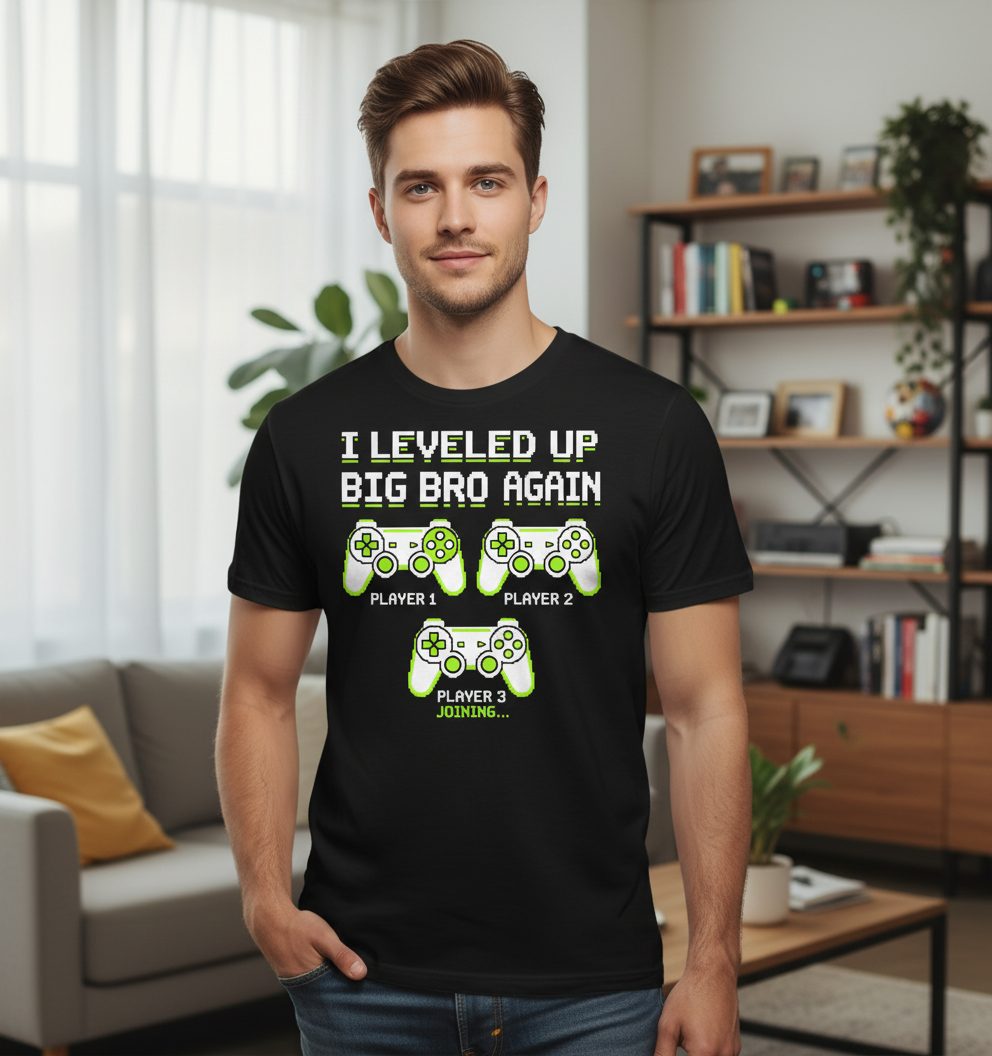 I Leveled UP BIG BRO AGAIN Retro Brother Announcement T-Shirt - lifestyle model mockup - Black
