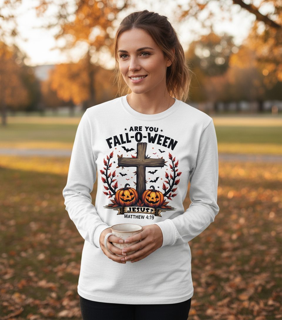 Are You Fall-O-Ween Jesus? christian Halloween Long Sleeve Tee White lifestyle mockup