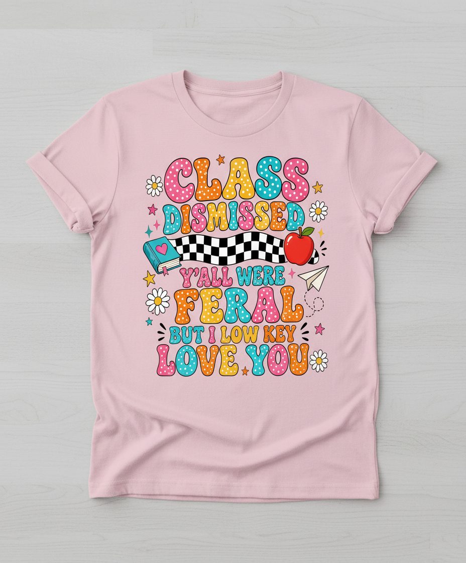Class Dismissed Y'all Were Feral but I Low Key Love You T-Shirt - product mockup - Light Pink
