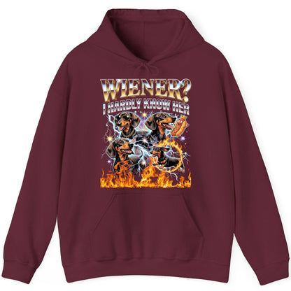 Wiener I Hardly Know Her dachshund Hoodie Maroon product mockup