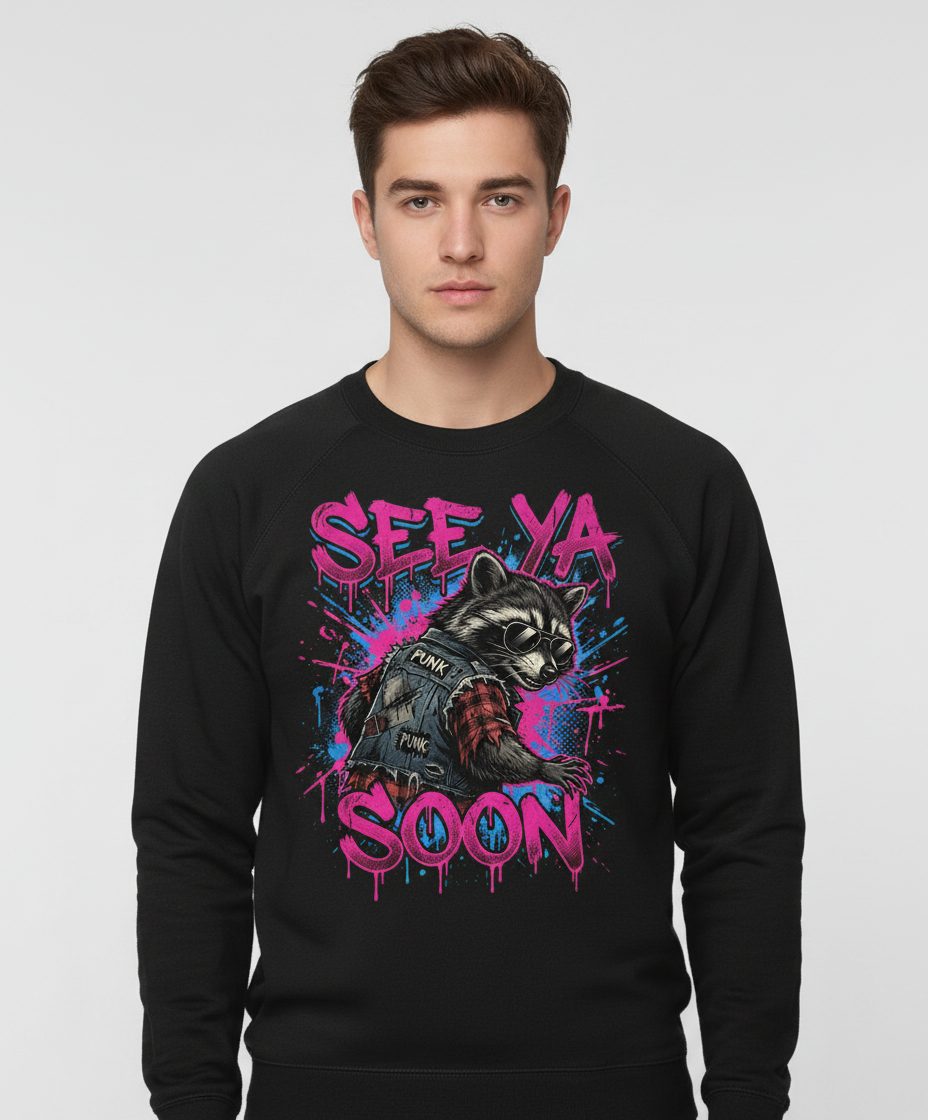 See Ya Soon Raccoon Sweatshirt - product mockup - Black