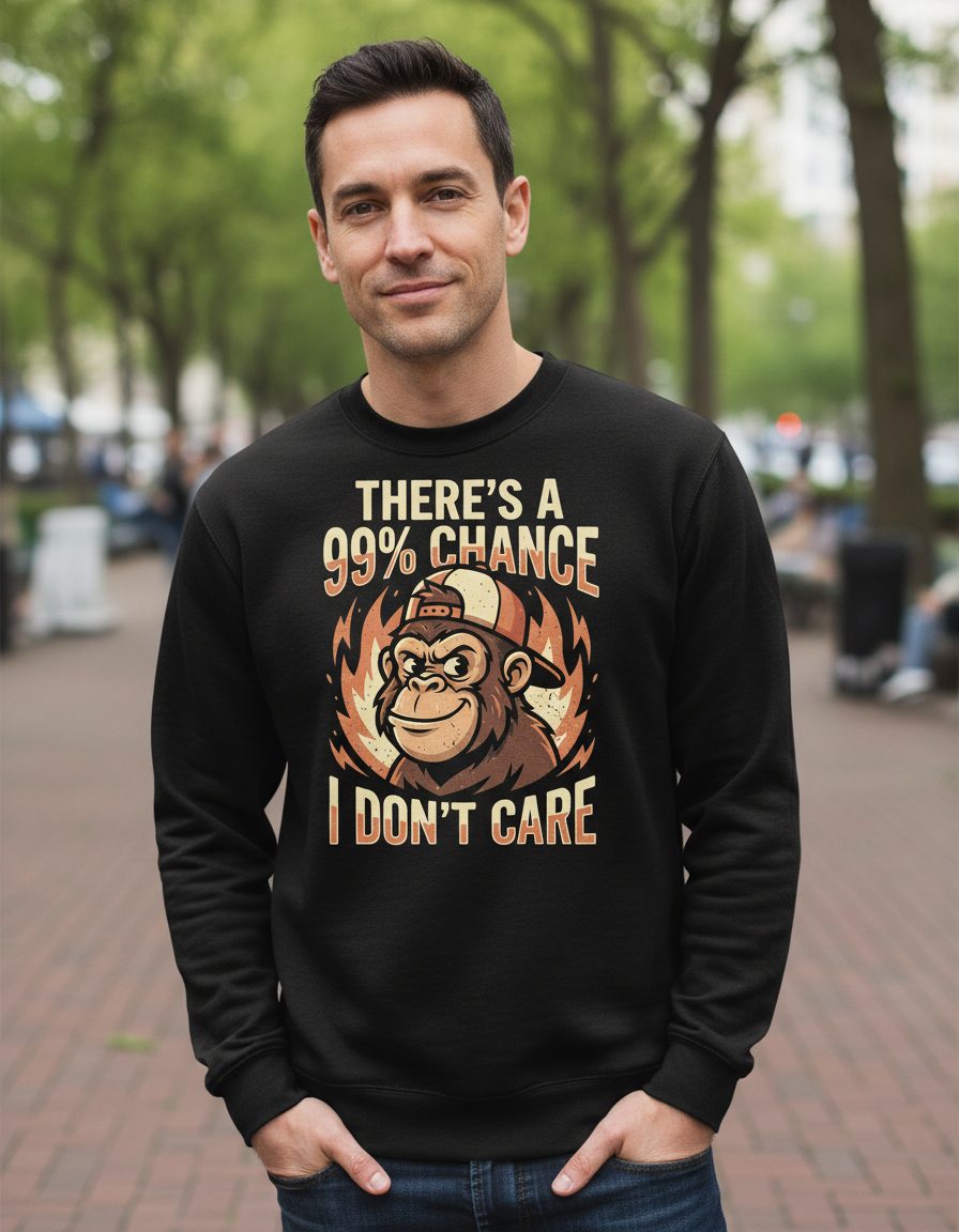 There's a 99% Chance I Don't Care monkey Sweatshirt Black lifestyle mockup