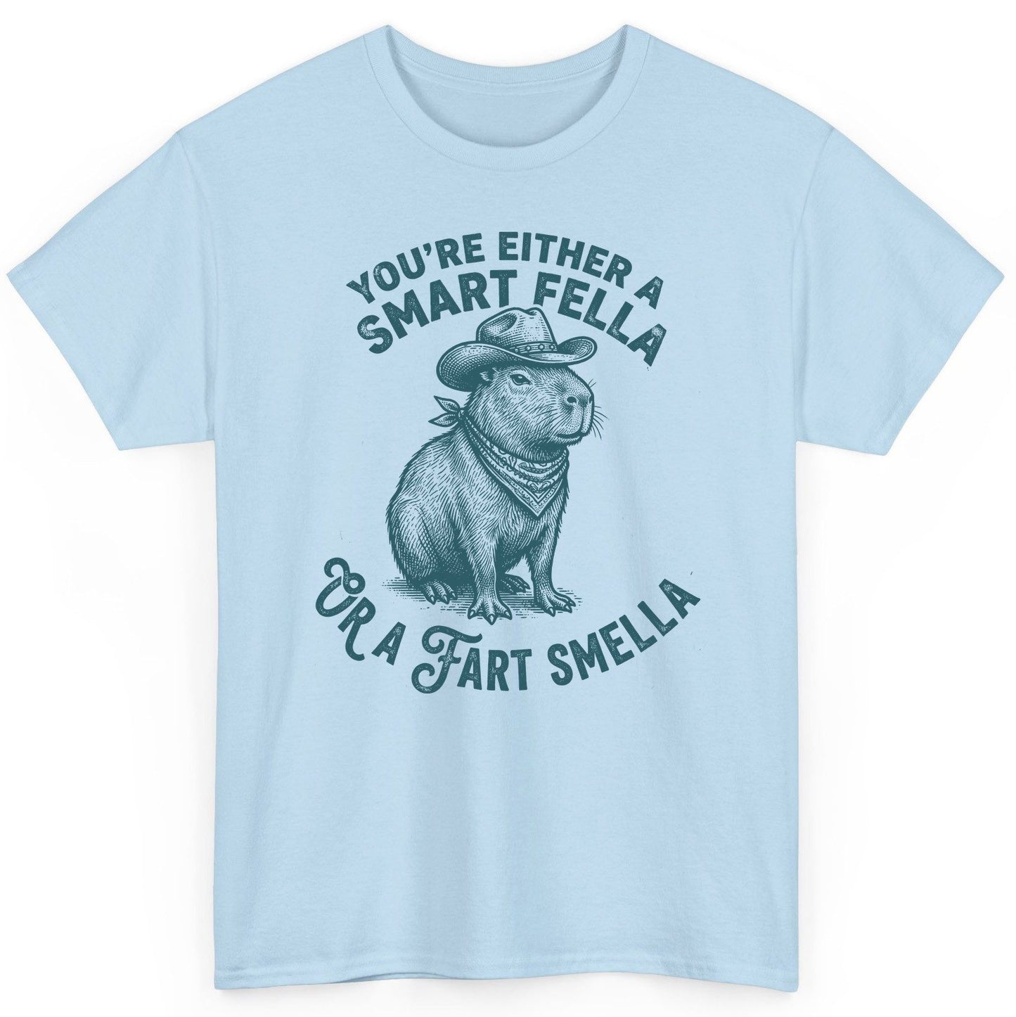 You're Either a Smart Fella or a Fart Smella capybara T-Shirt Light Blue product mockup