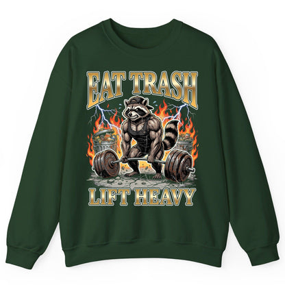 Eat Trash Lift Heavy weightlifting raccoon Sweatshirt Forest Green product mockup
