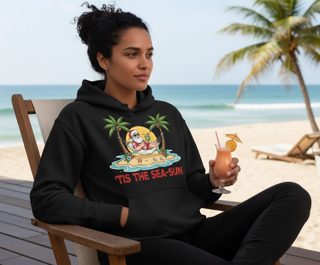 'Tis the Sea-Sun santa claus on a tropical vacation Hoodie Black lifestyle mockup