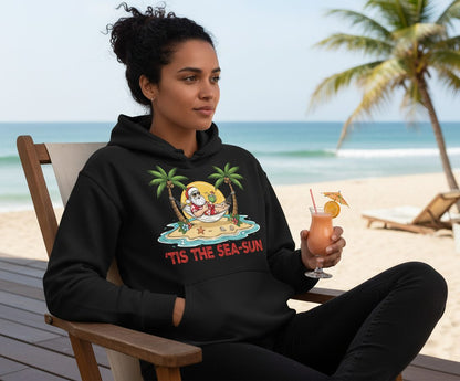'Tis the Sea-Sun santa claus on a tropical vacation Hoodie Black lifestyle mockup