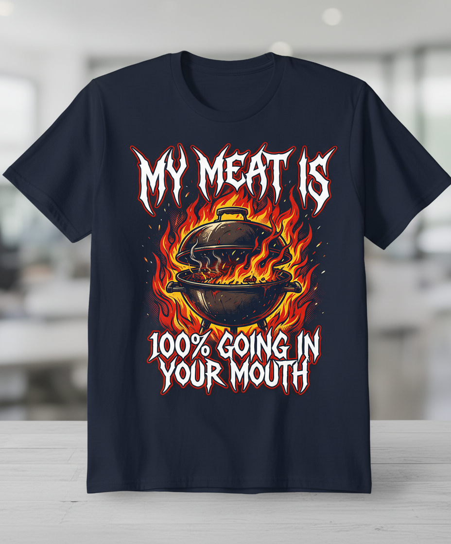 My Meat Is 100% Going In Your Mouth Funny BBQ Grill Design T-Shirt - Navy