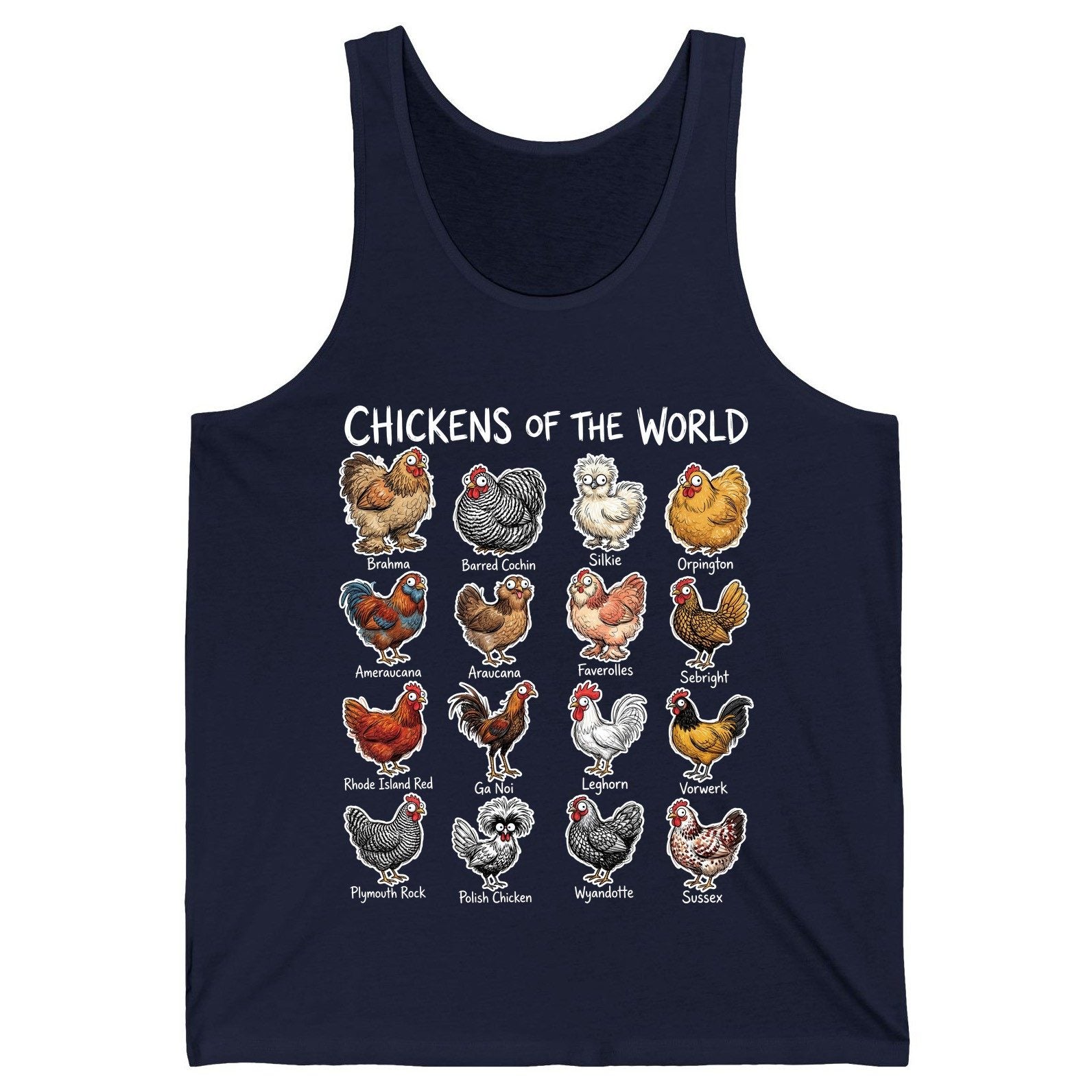 Chickens of the World chicken breeds Tank Top Navy product mockup