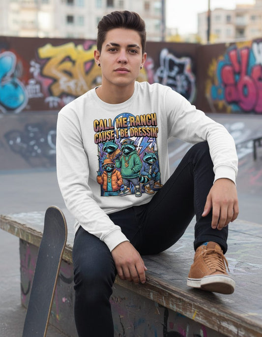 Call Me Ranch Cause I Be Dressin' raccoons Long Sleeve Tee White lifestyle mockup