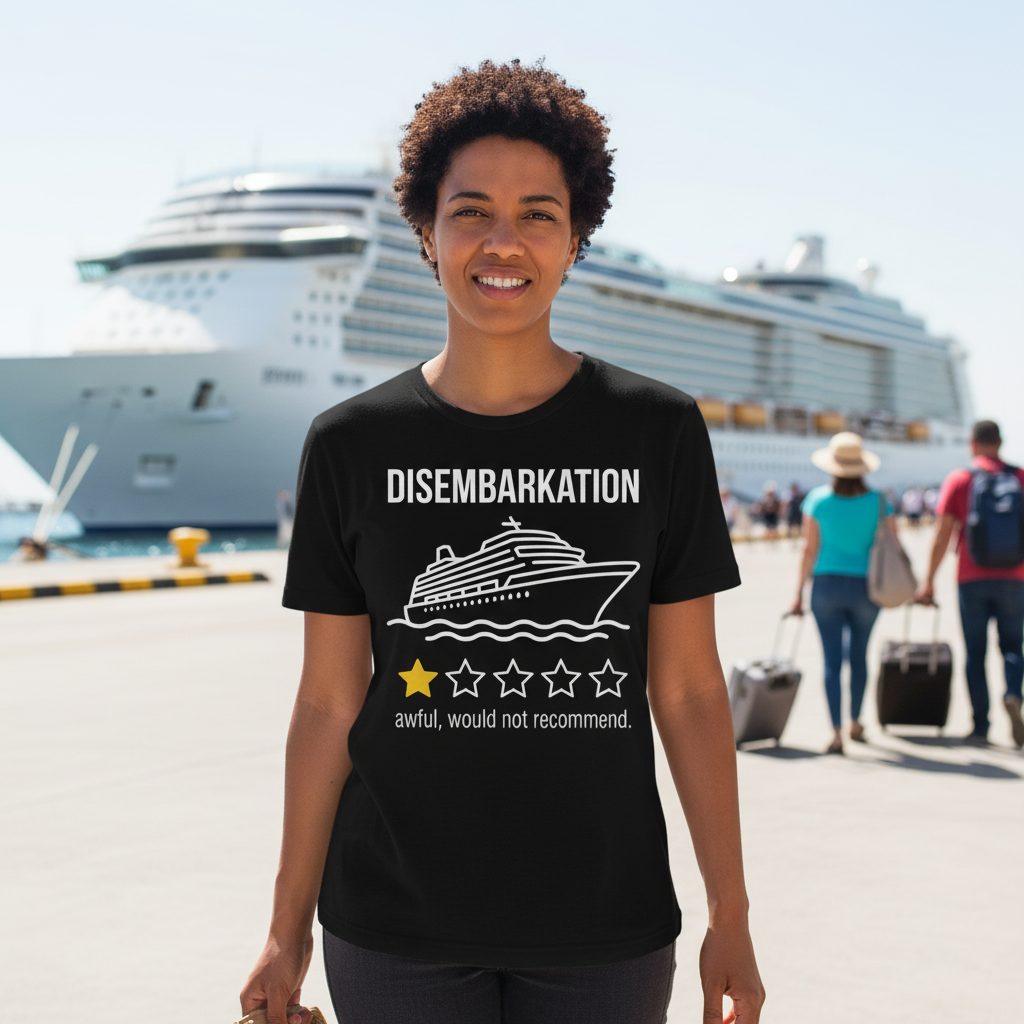 Disembarkation Awful, Would Not Recommend cruise ship humor T-Shirt Black lifestyle mockup