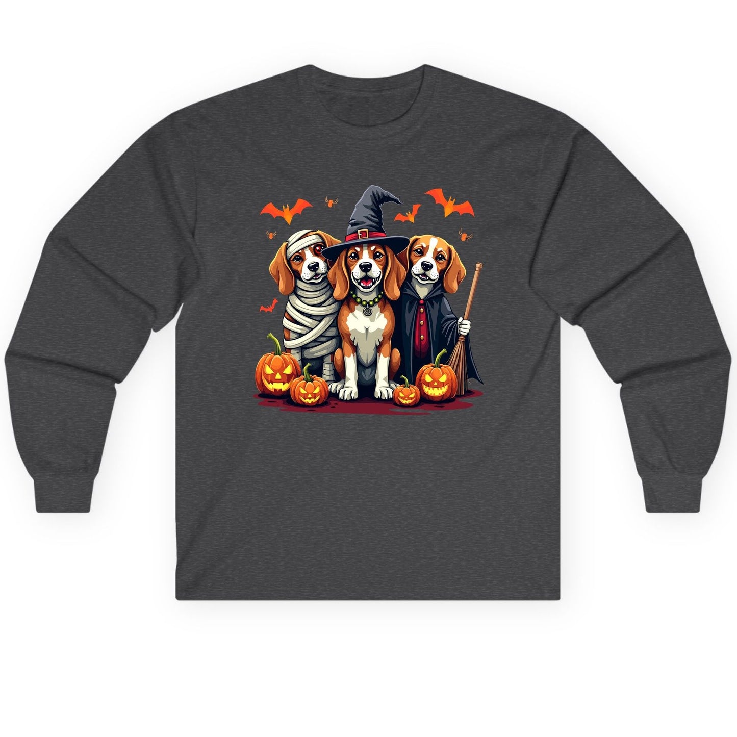Halloween Beagles Costume beagles in Halloween costumes Long Sleeve Tee Dark Heather product mockup