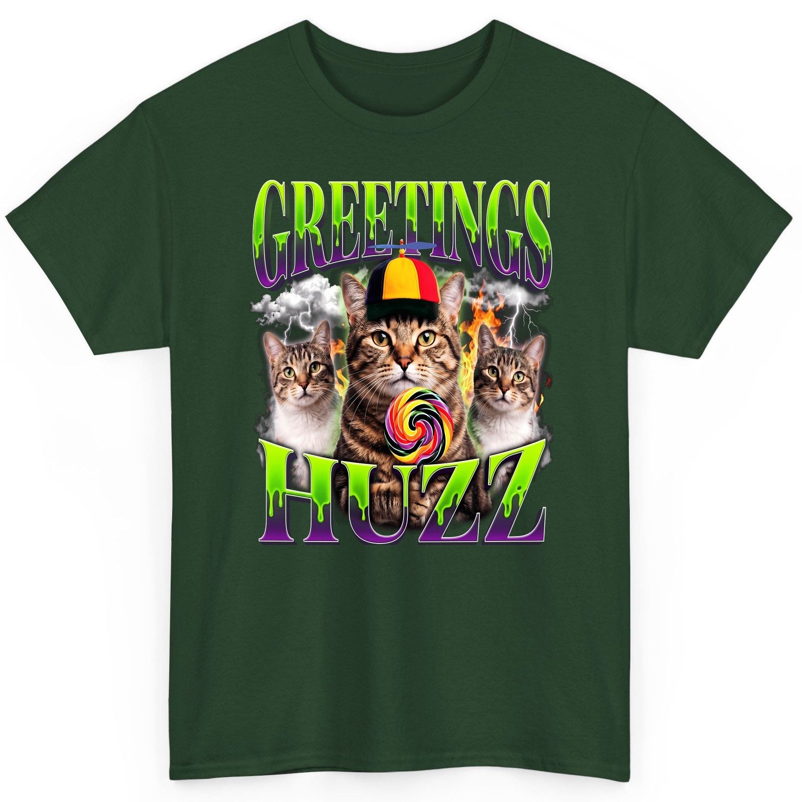 Greetings HUZZ Funny Cat T-Shirt - product mockup - Forest Green