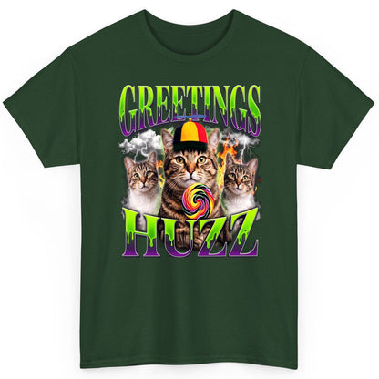 Greetings HUZZ Funny Cat T-Shirt - product mockup - Forest Green