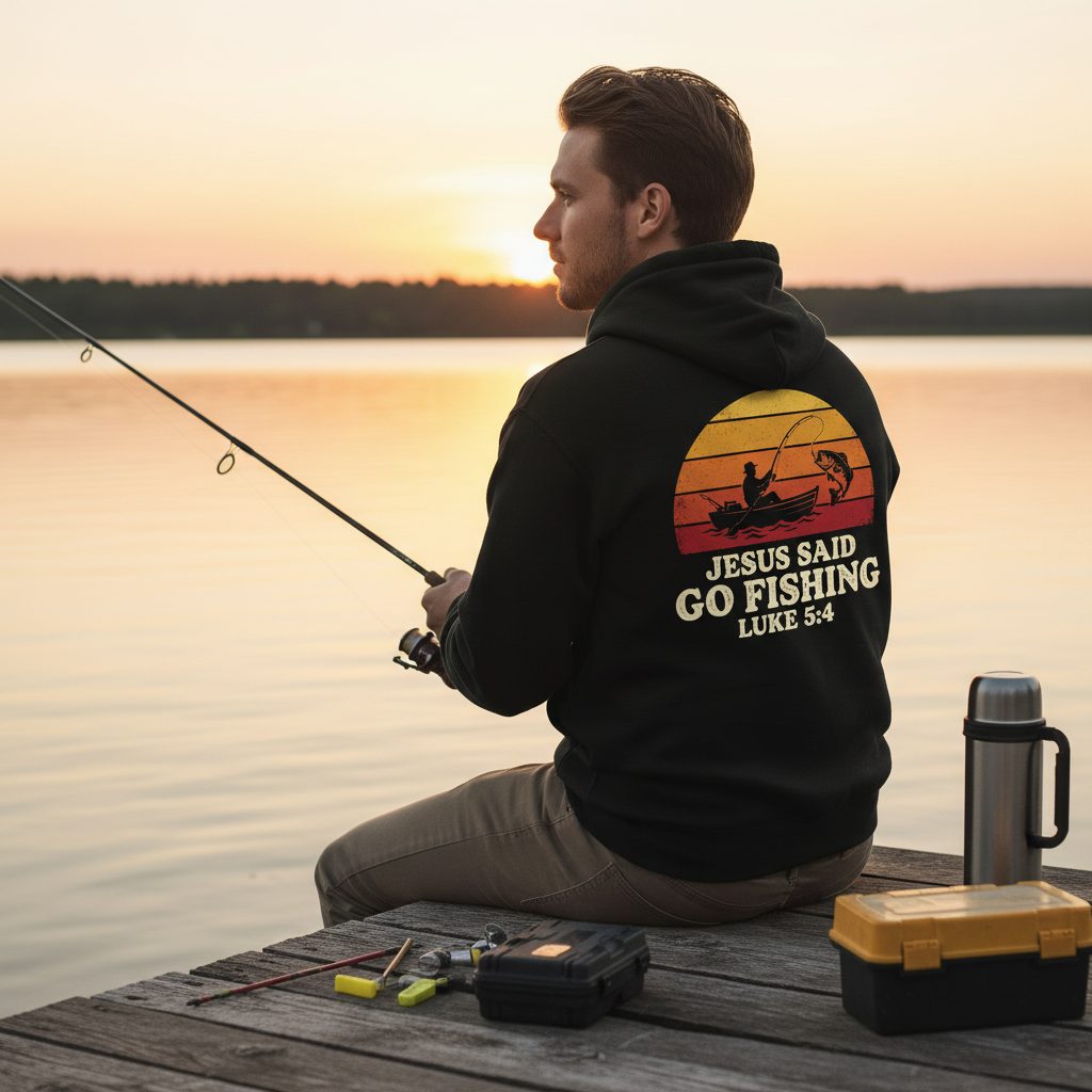 JESUS SAID GO Fishing LUKE 5 4 Retro Christian Hoodie - lifestyle model mockup - Black
