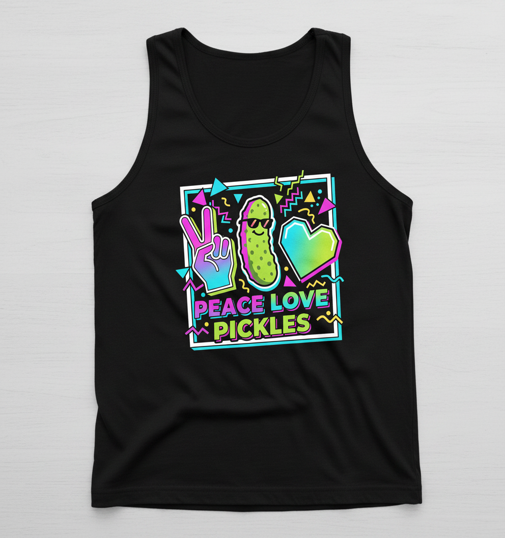 Peace Love Pickles Retro 80s 90s Style Design Tank Top - Black