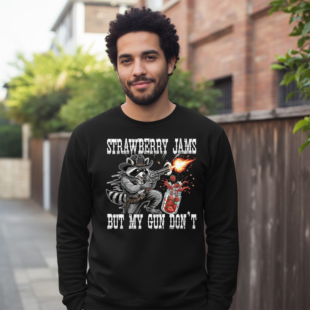 Strawberry Jams but My Gun Don't raccoon Sweatshirt Black lifestyle mockup