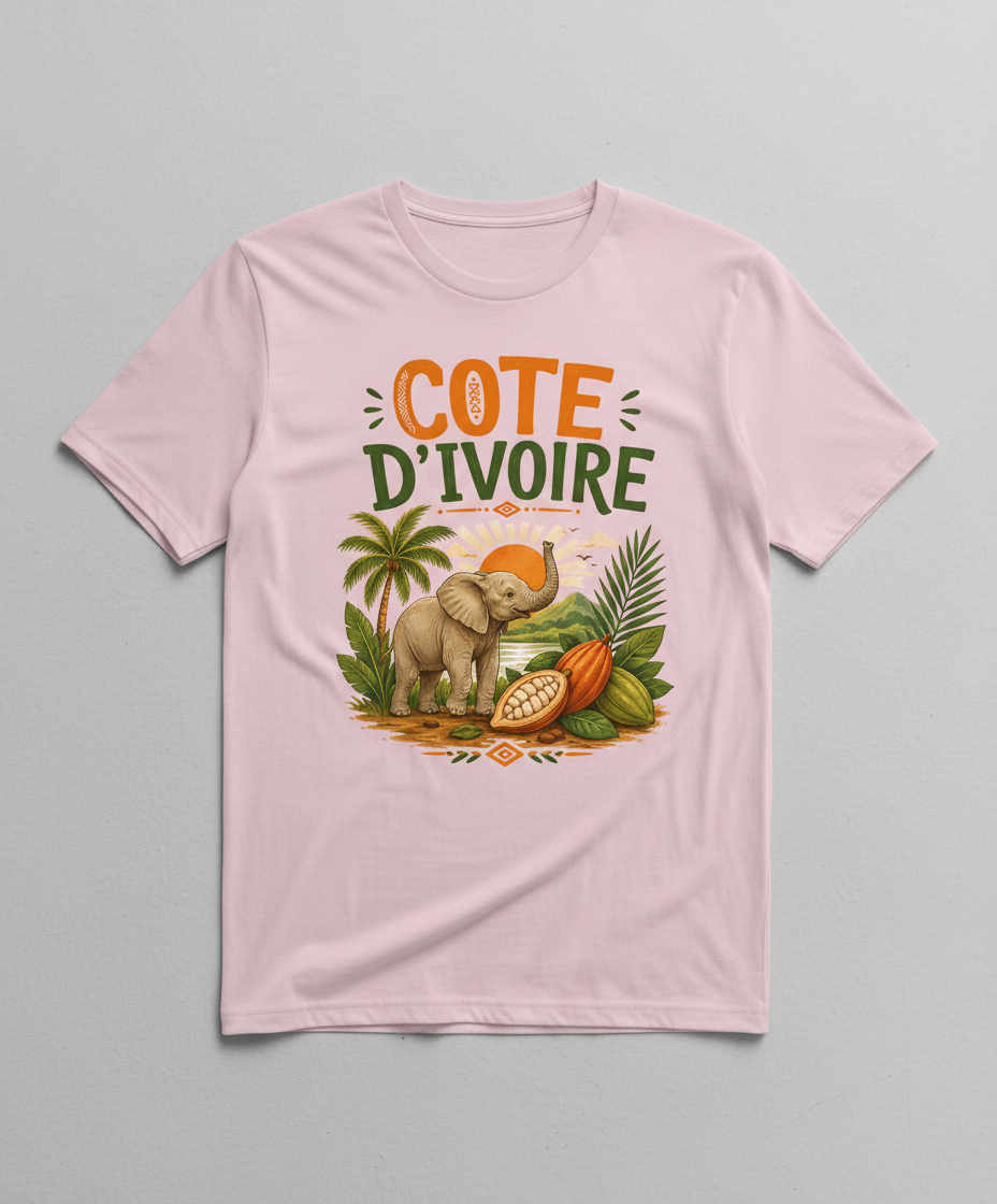 Cote D'Ivoire Elephant Travel Art T-Shirt - product mockup - Light Pink
