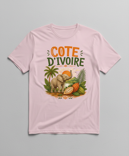 Cote D'Ivoire Elephant Travel Art T-Shirt - product mockup - Light Pink