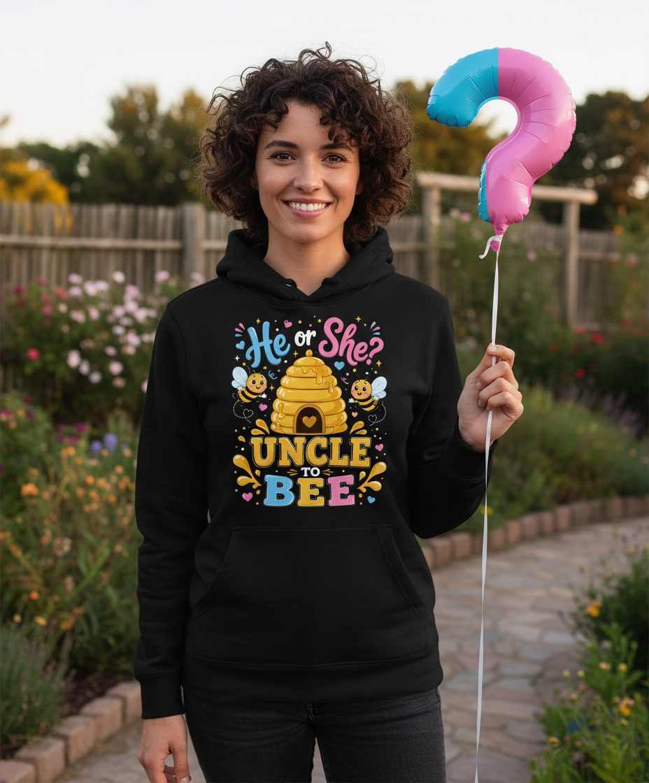 He or She Uncle to Bee Gender Reveal Hoodie - lifestyle model mockup - Black