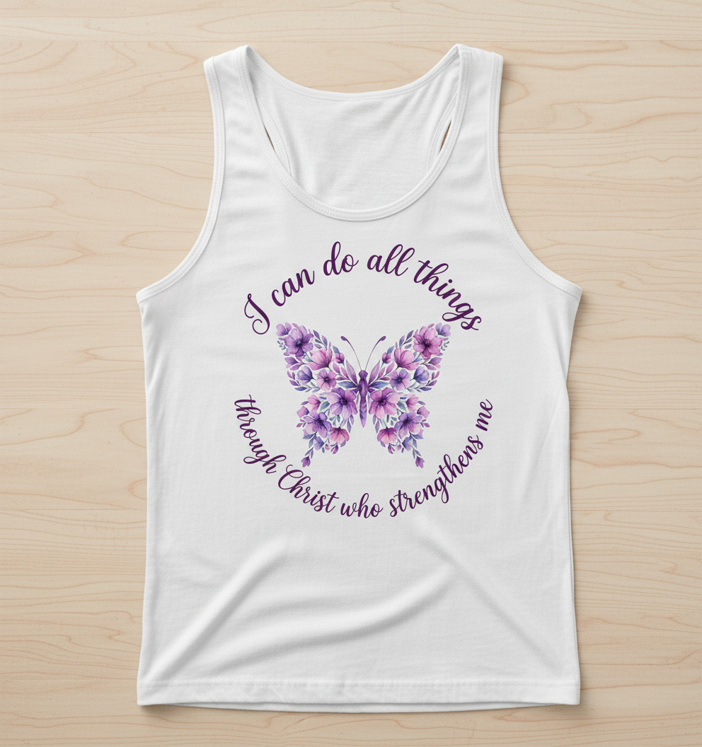 Floral Butterfly 'I can do all things through Christ' Bible Verse Tank Top - White
