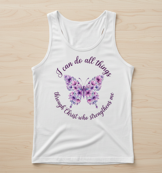Floral Butterfly 'I can do all things through Christ' Bible Verse Tank Top - White
