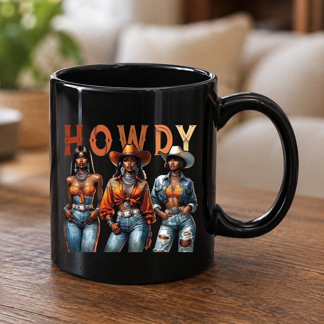 Howdy black cowgirls Black Mug Black product mockup