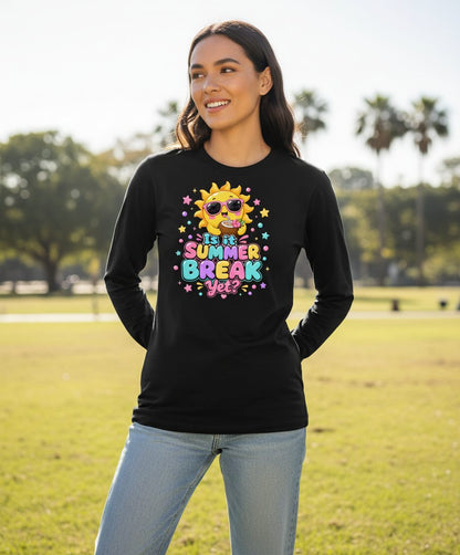 Is It SUMMER BREAK Yet Funny Vacation Long Sleeve Tee - lifestyle model mockup - Black