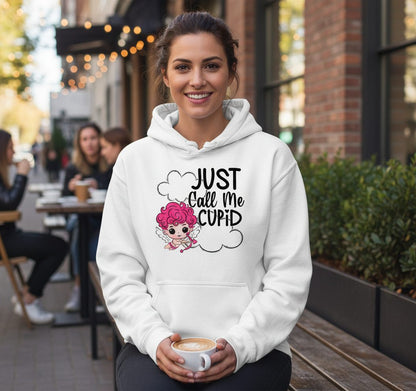 Just Call Me Cupid cupid Hoodie White lifestyle mockup