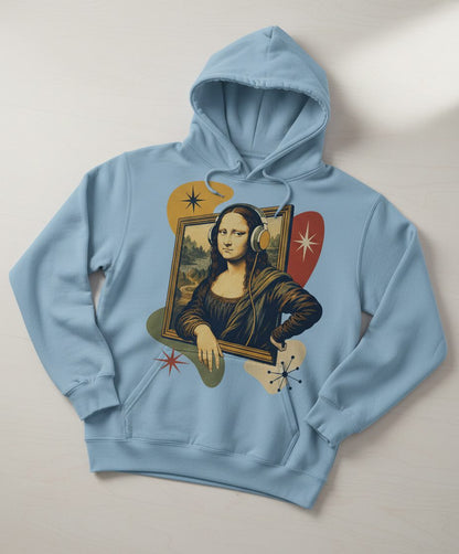 Mona Lisa Listening Retro Art Funny Parody Hoodie - product mockup - Light Blue