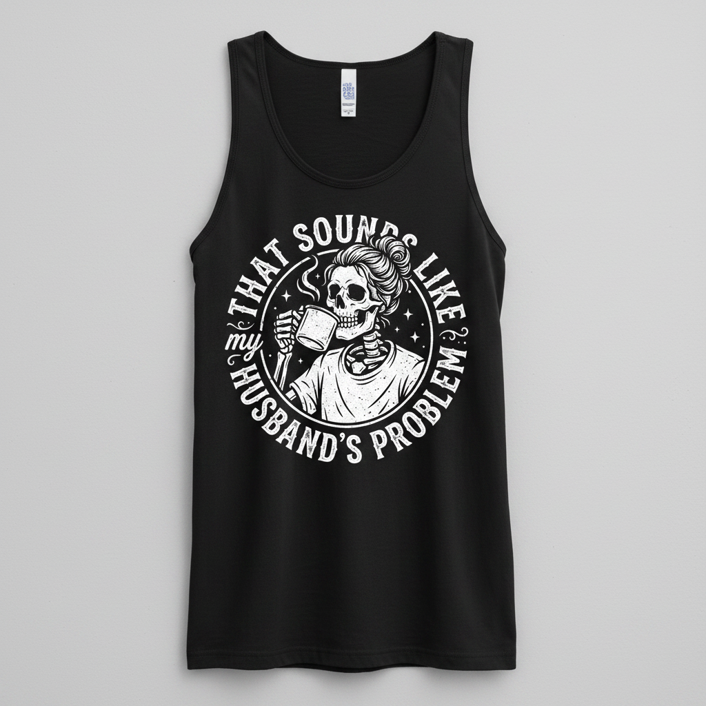 Skeleton Wife Drinking Coffee 'Husband's Problem' Design Tank Top - Black