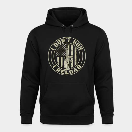 I Don't Run I Reload Patriotic Gun Rights Design Hoodie - Black