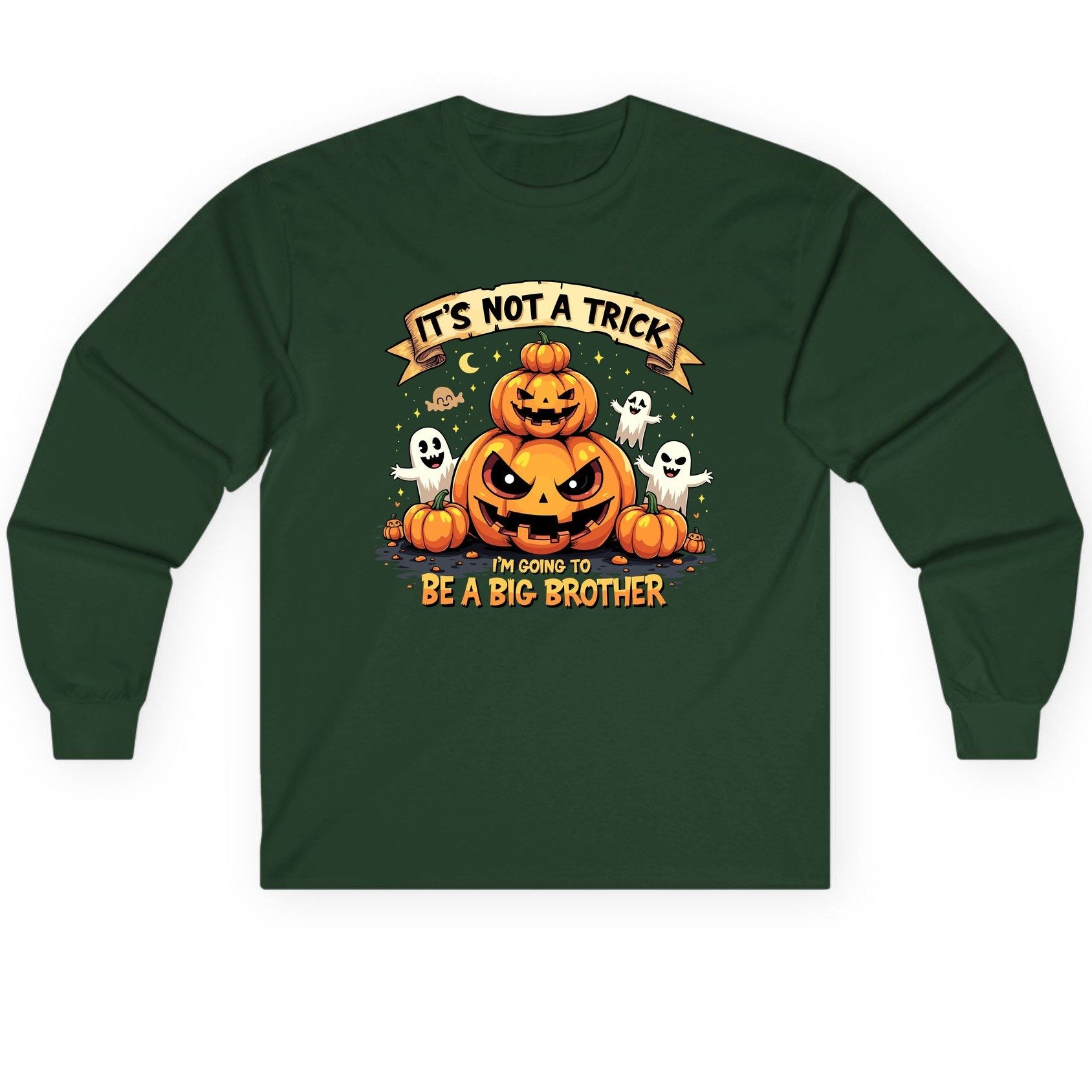 It's Not a Trick I'm Going to Be a Big Brother Halloween pregnancy announcement Long Sleeve Tee Forest Green product mockup