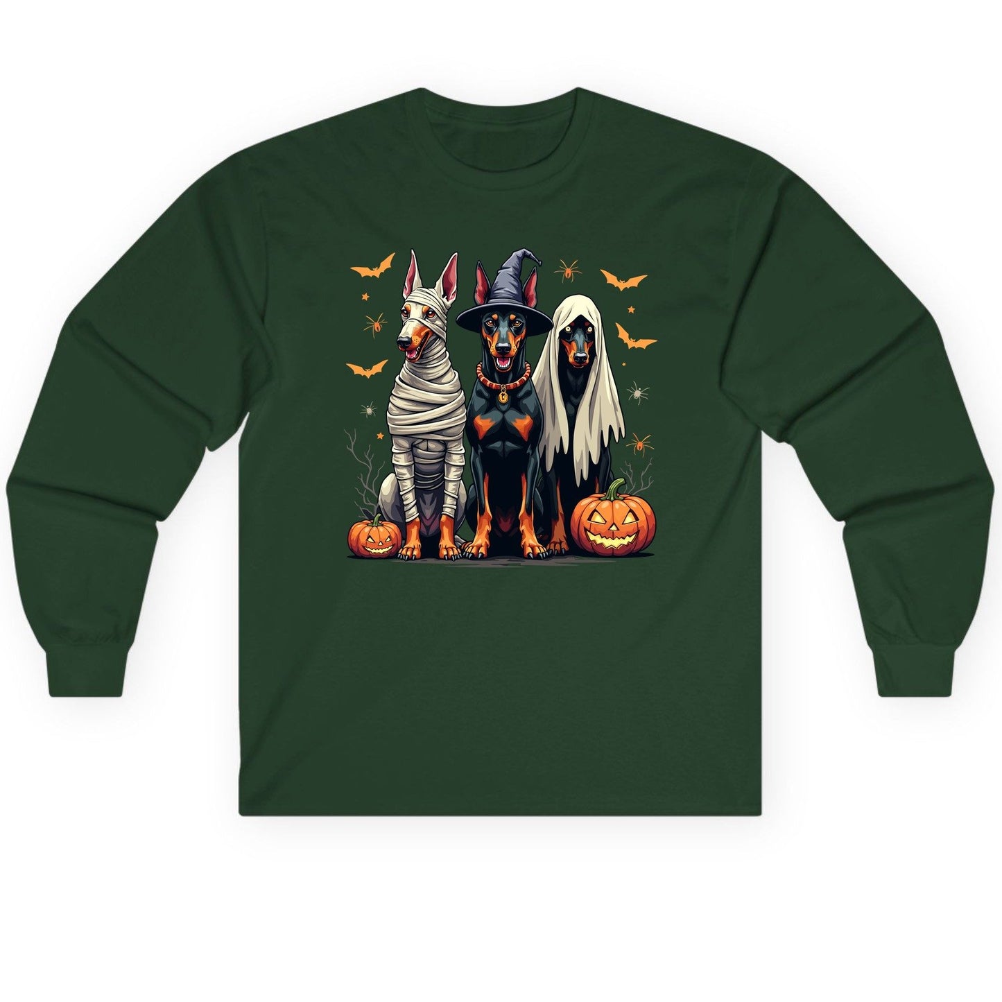Halloween Doberman Trio doberman pinscher Long Sleeve Tee Forest Green product mockup